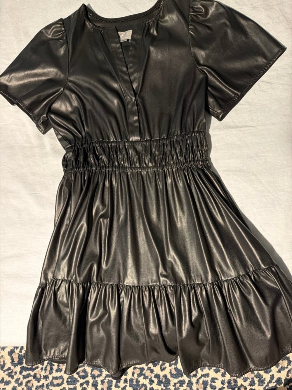 Anthropologie Black Faux Leather Smocked Mini Dress XS